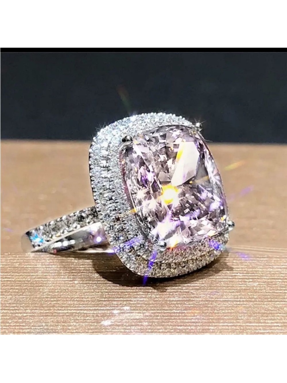 White Zirconia Cushion-Cut Halo Ring with Pavé Accents NEW SIZE 7